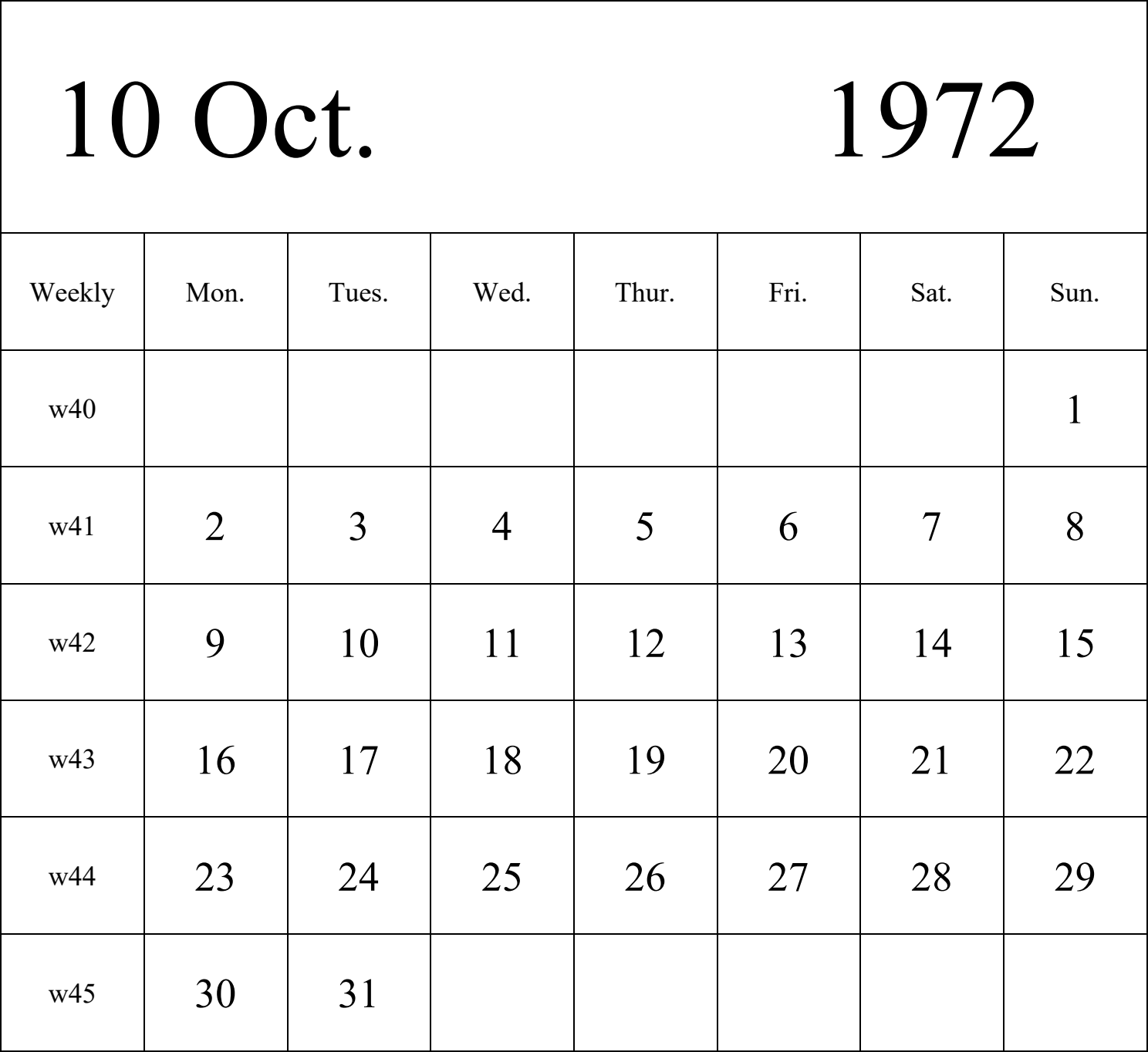 日历表1972年日历 英文版 纵向排版 周一开始 带周数 带节假日调休安排